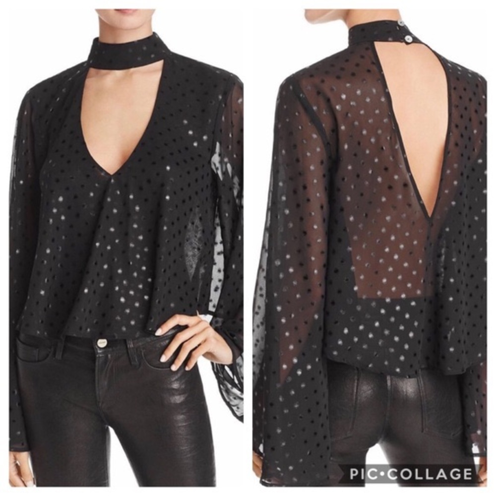 Show Me Your MuMu Black Olsen Top Semi Sheer Polka Dot Long Sleeve V-Neck Blouse